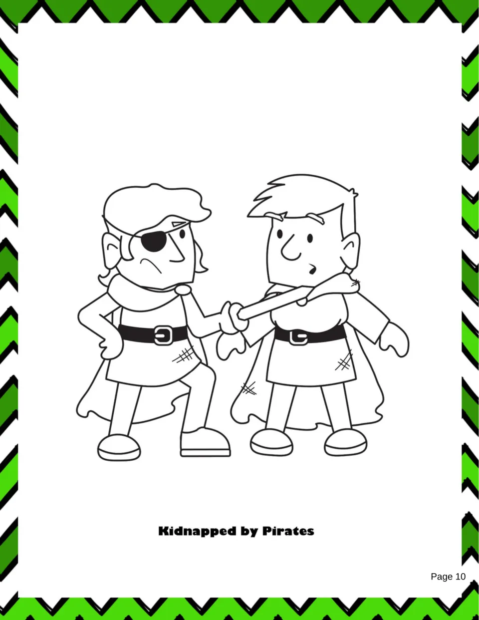 Story coloring page labeled 'Kidnapped by Pirates' shows a pirate holding a sword toward young Patrick