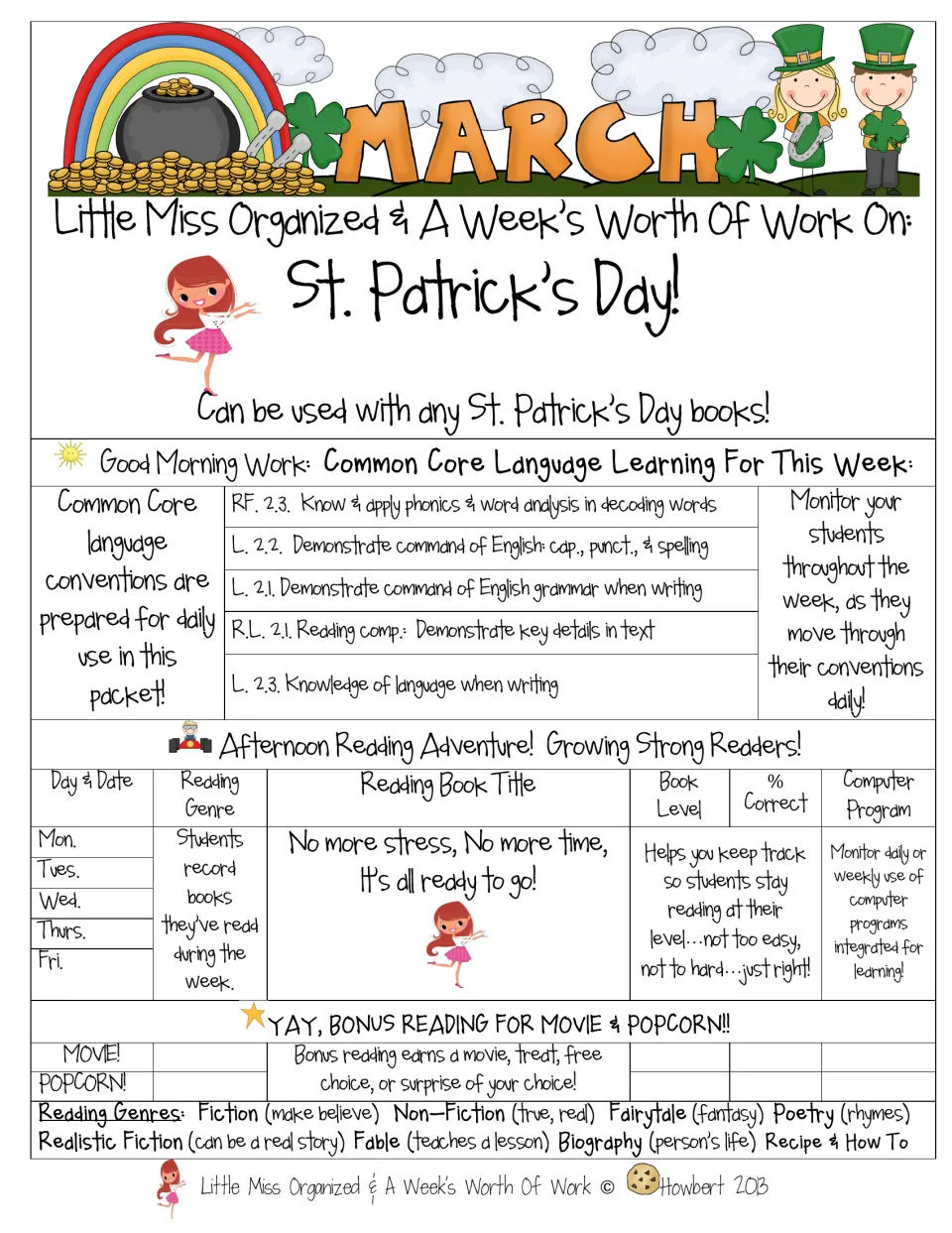 March cover for A Week's Worth Of Work: morning language tasks and an afternoon reading log to use with any holiday book