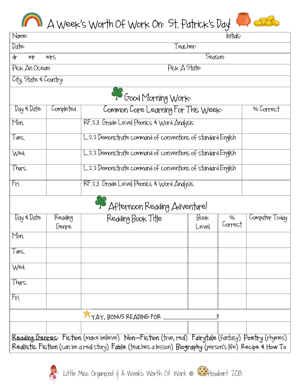 Weekly tracker: students fill in name details, check off daily morning work and log genre, title and level of books read