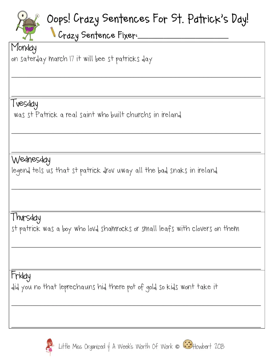 Oops! Crazy Sentences: students rewrite one holiday sentence a day, fixing capitals, punctuation and spelling