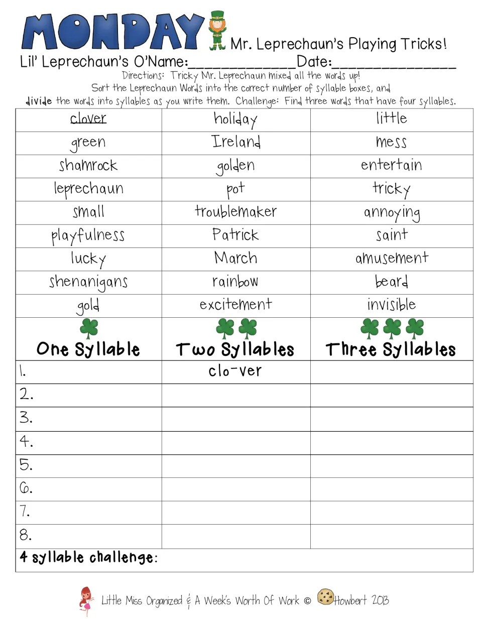 Mr. Leprechaun's Playing Tricks: students divide 27 holiday words into syllables and sort them by syllable count