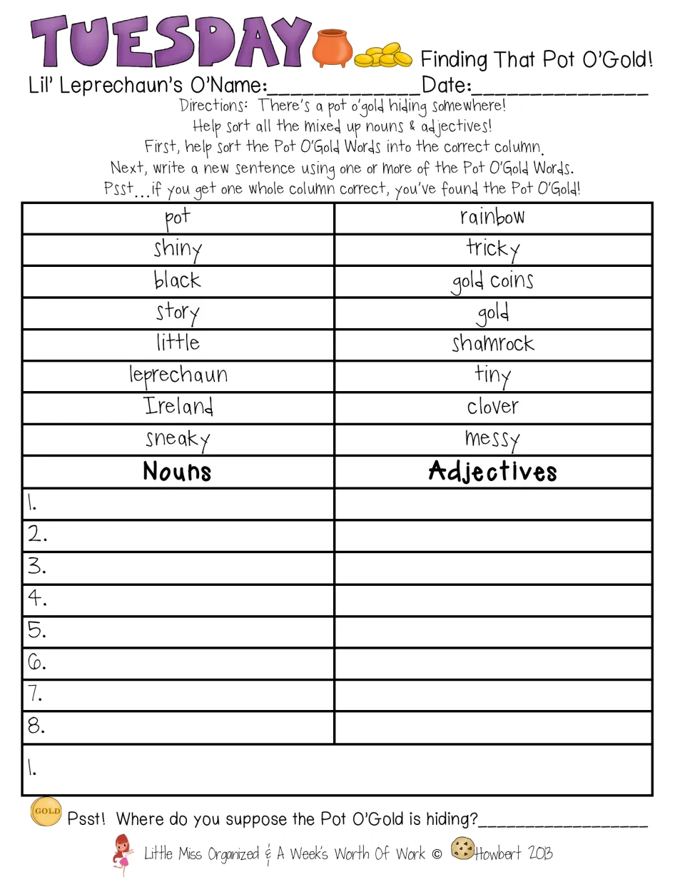 Finding That Pot O'Gold: students sort 16 words like shiny, rainbow and sneaky into nouns and adjectives