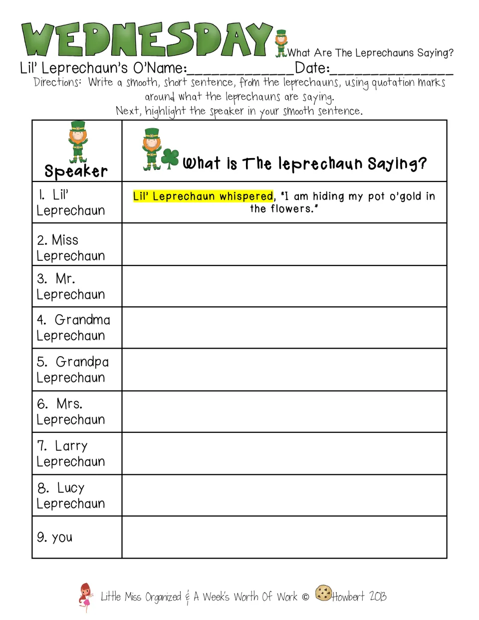 What Are The Leprechauns Saying?: students write lines for nine speakers in quotation marks and highlight the speaker