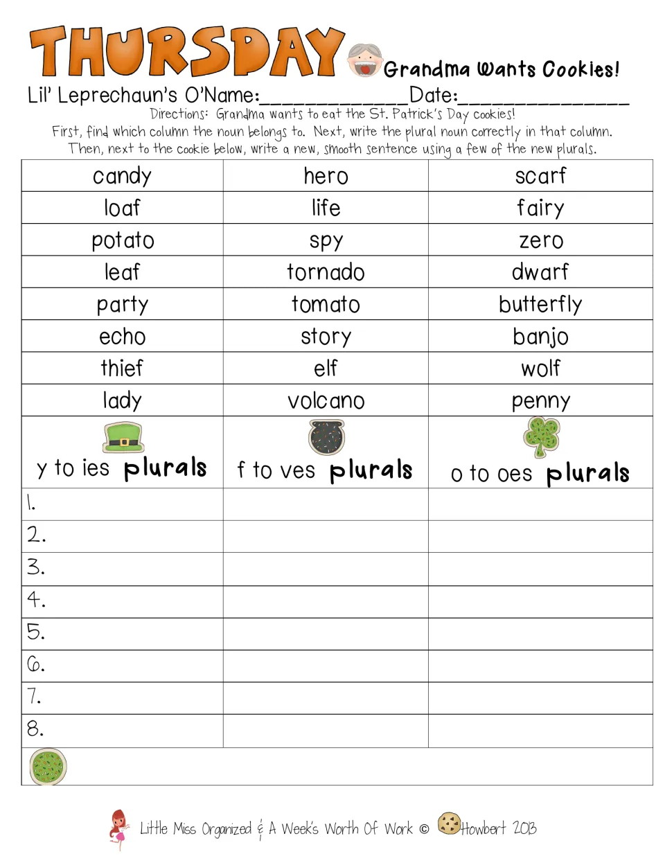Grandma Wants Cookies: students pluralize 24 nouns like party, leaf and potato by y to ies, f to ves or o to oes rules