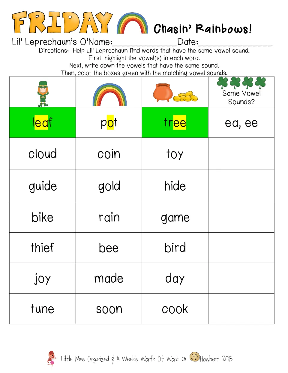 Chasin' Rainbows: students highlight vowels in words like leaf, pot, tree and color matching vowel-sound pairs green