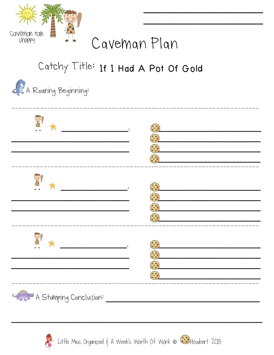 Caveman Plan for 'If I Had A Pot Of Gold': students plan a roaring beginning, three ideas with details and an ending