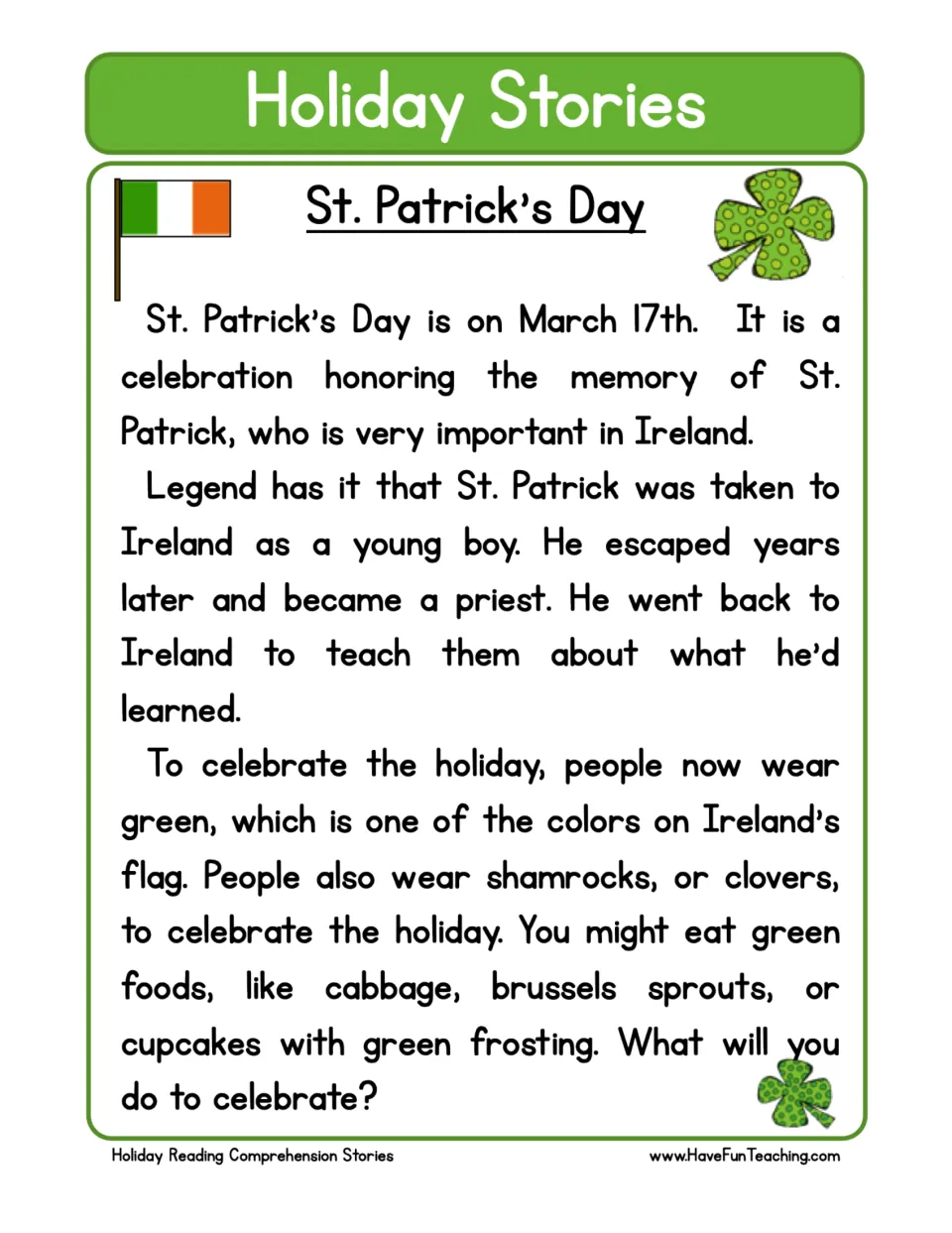 St. Patrick's Day reading passage: students read about St. Patrick, Ireland's flag, shamrocks and green foods