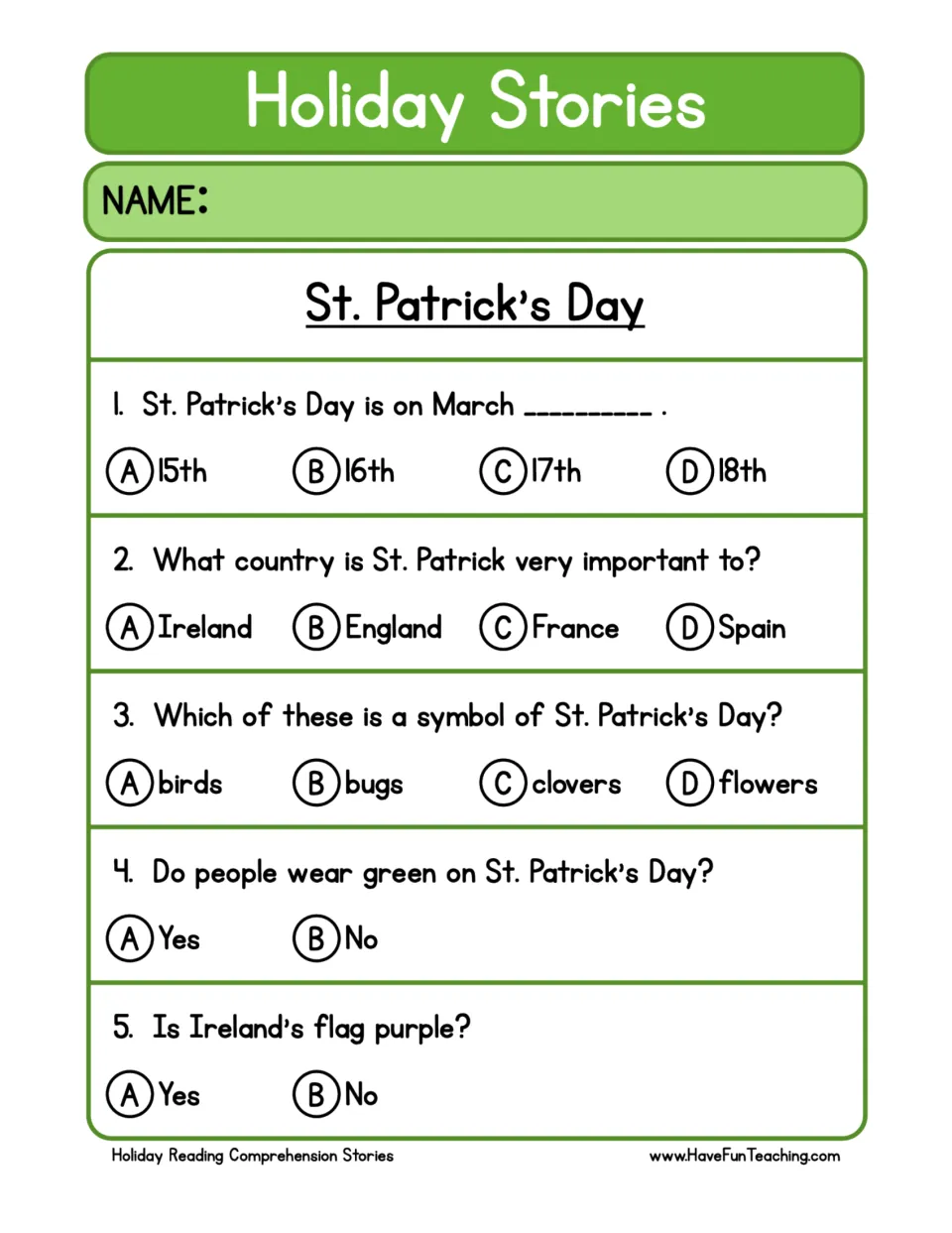 Holiday Stories comprehension quiz: students answer 5 multiple-choice questions on the date, Ireland and clovers