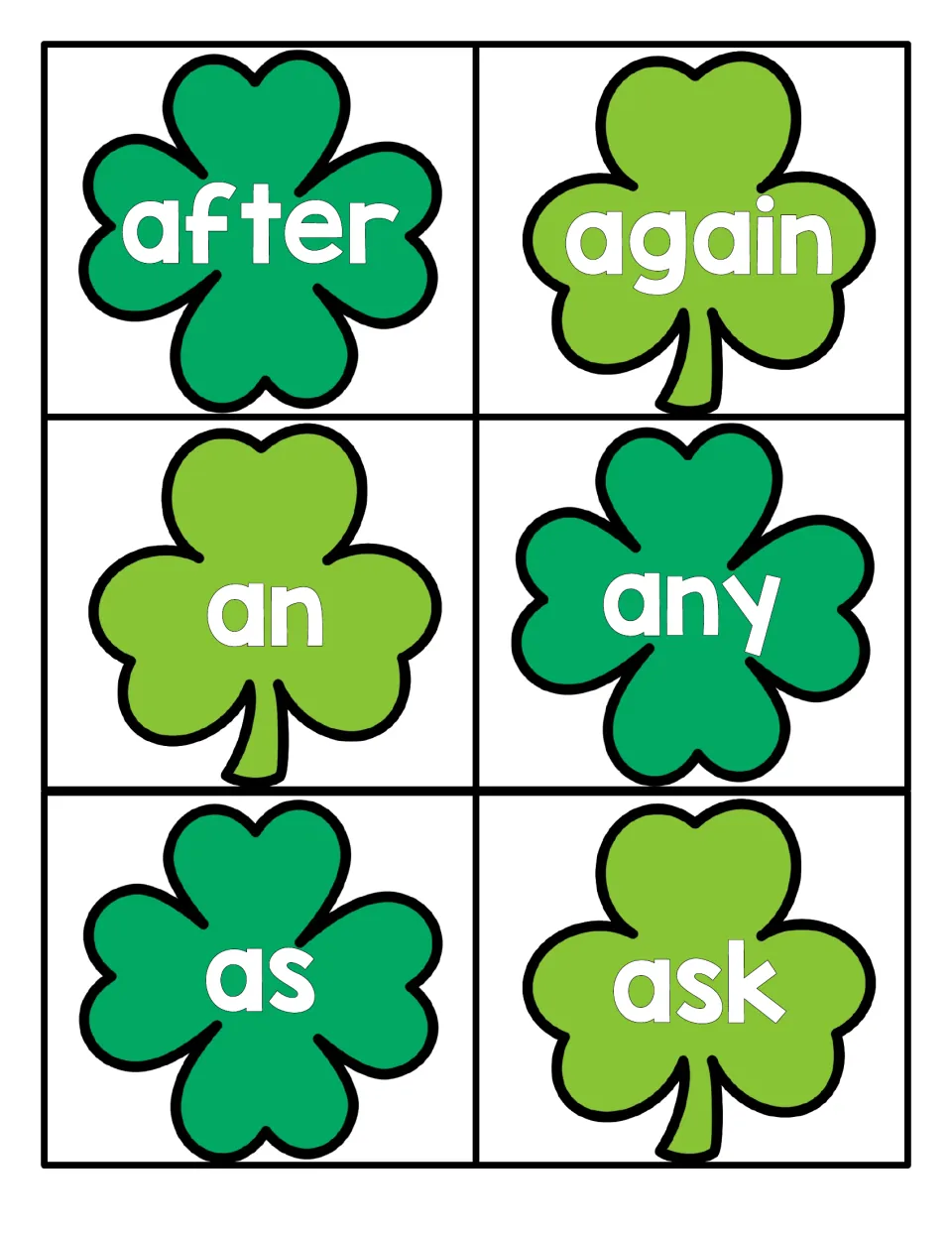 Shamrock sight word cards for after, again, an, any, as and ask; students cut apart and read each word on sight
