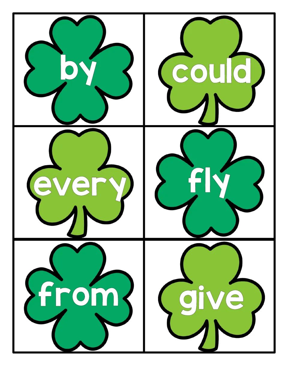 Sight words by, could, every, fly, from and give on green clovers; students read each card for quick word recognition