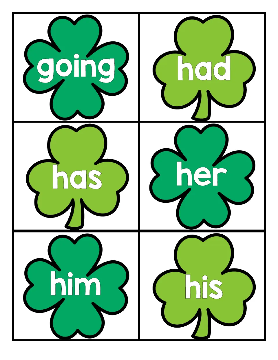 Clover cards with going, had, has, her, him and his for practising high-frequency words by reading them aloud
