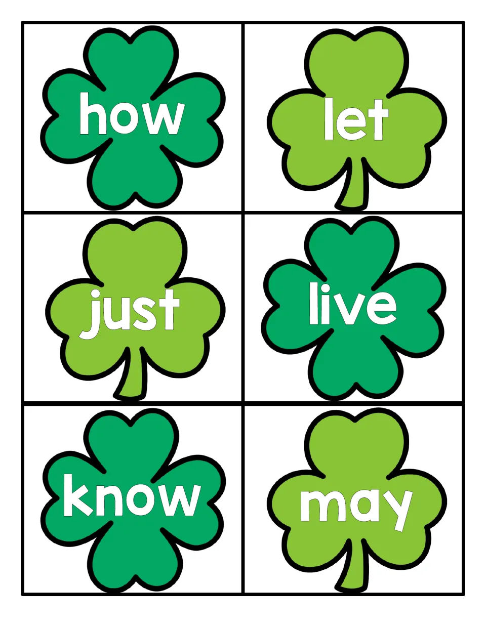 Shamrock flashcards showing how, let, just, live, know and may; children practise reading each high-frequency word