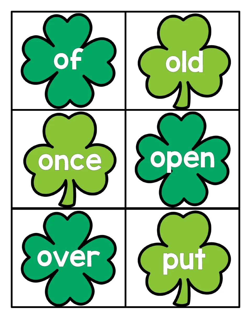 Sight word clovers for of, old, once, open, over and put; learners read the six words aloud from cut-apart cards