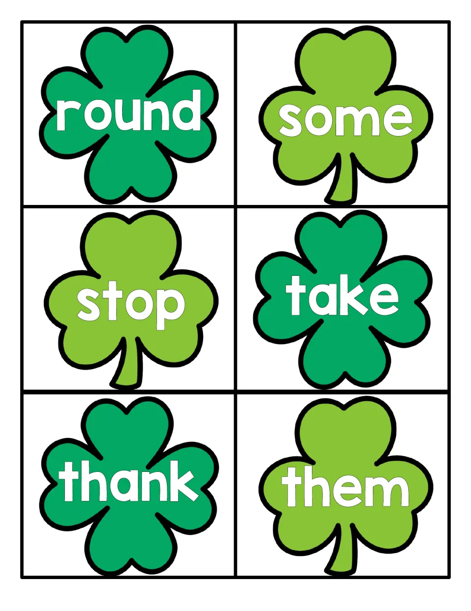 Green clover cards printed with round, some, stop, take, thank and them for reading practice with high-frequency words