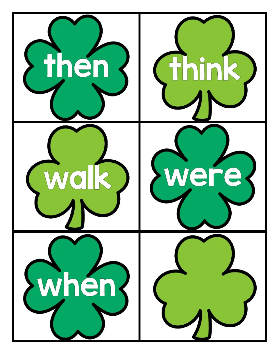 Final word cards then, think, walk, were and when, plus one blank shamrock for adding another sight word to practise