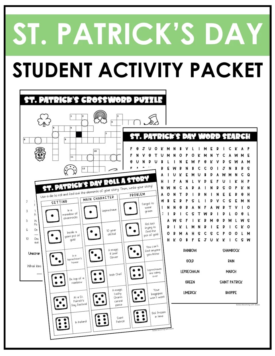 St. Patrick's Day Student Activity Packet cover showing sample crossword, word search and Roll a Story dice pages