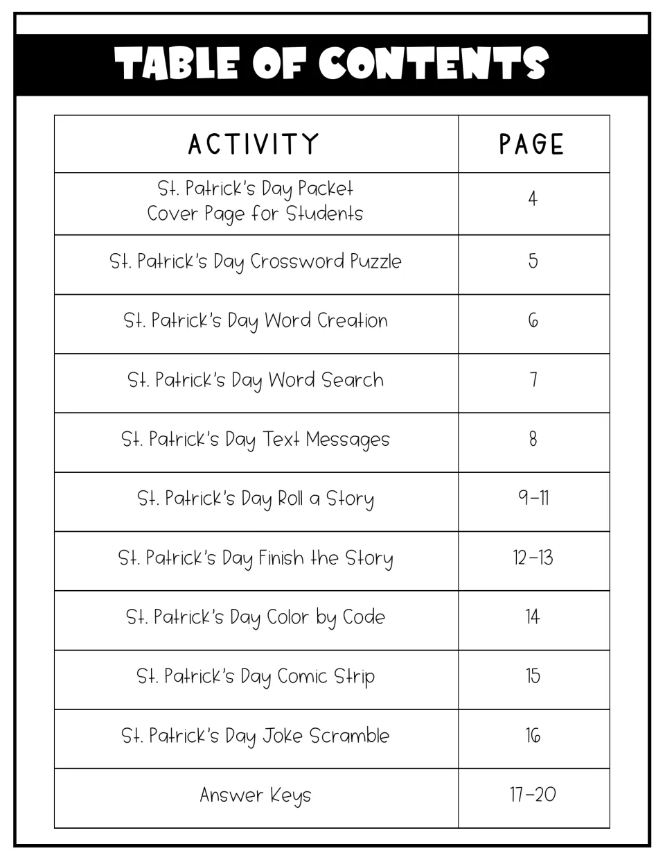 Table of contents listing activities with page numbers, from crossword and word search to joke scramble and answer keys
