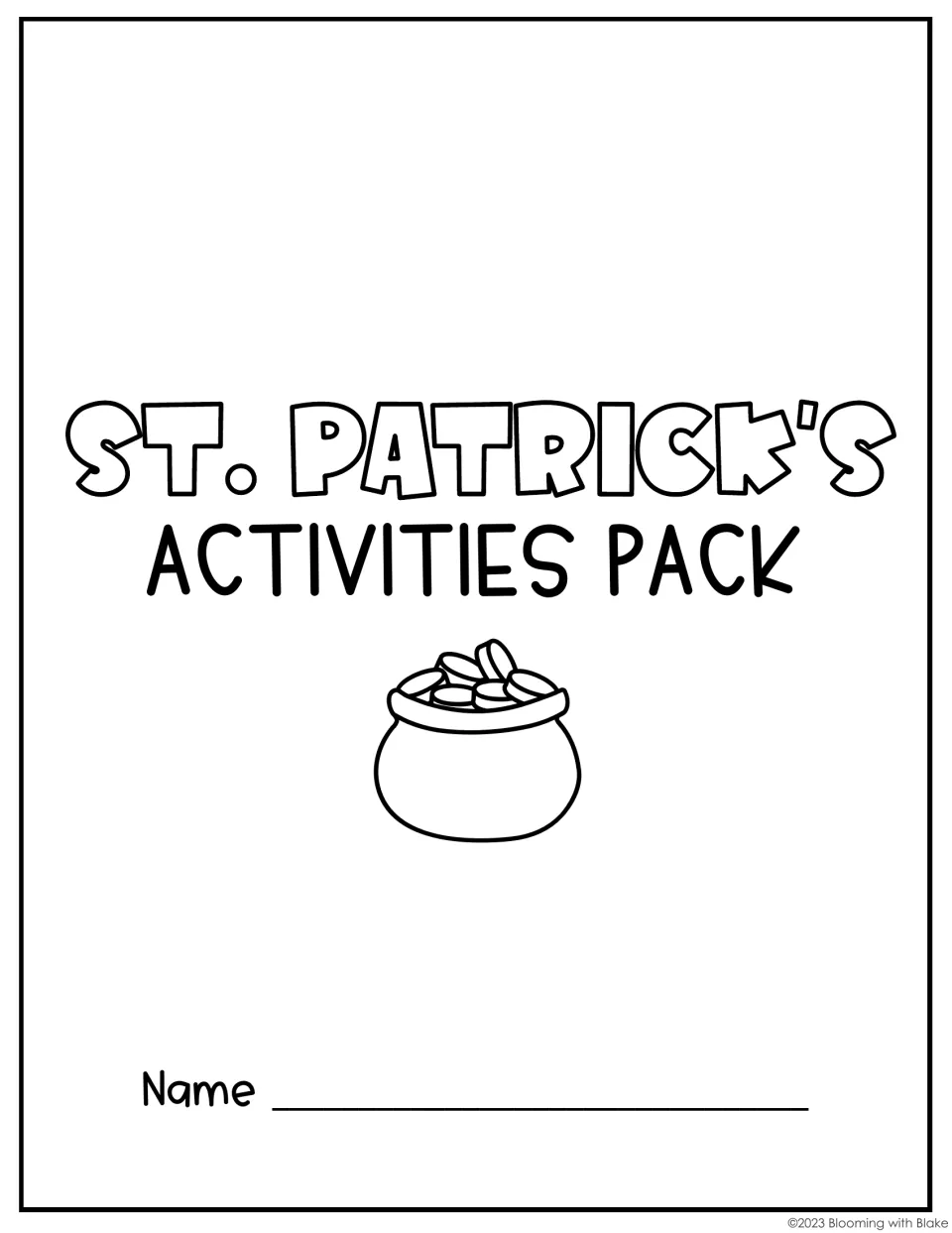 St. Patrick's Activities Pack student cover with a pot of gold drawing and a line for the student's name