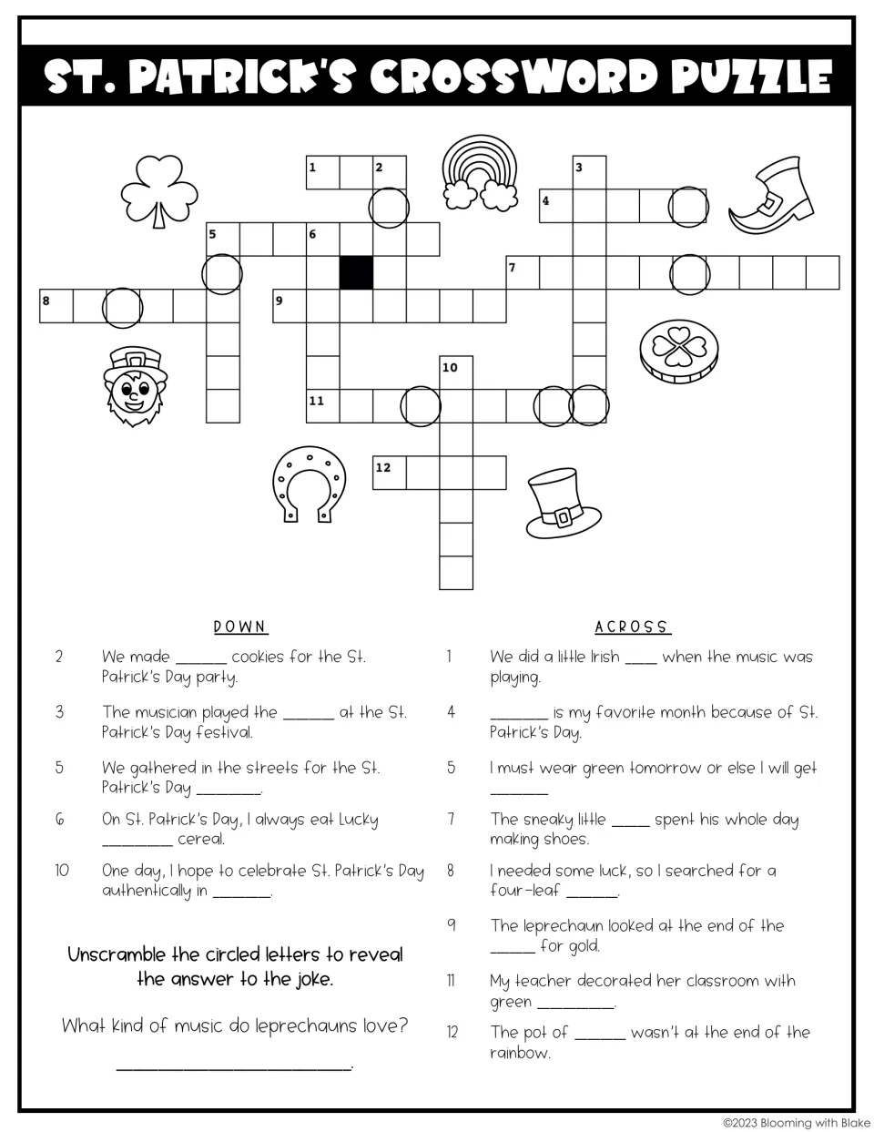 Holiday crossword: students fill in words from sentence clues, then unscramble circled letters to answer a leprechaun joke