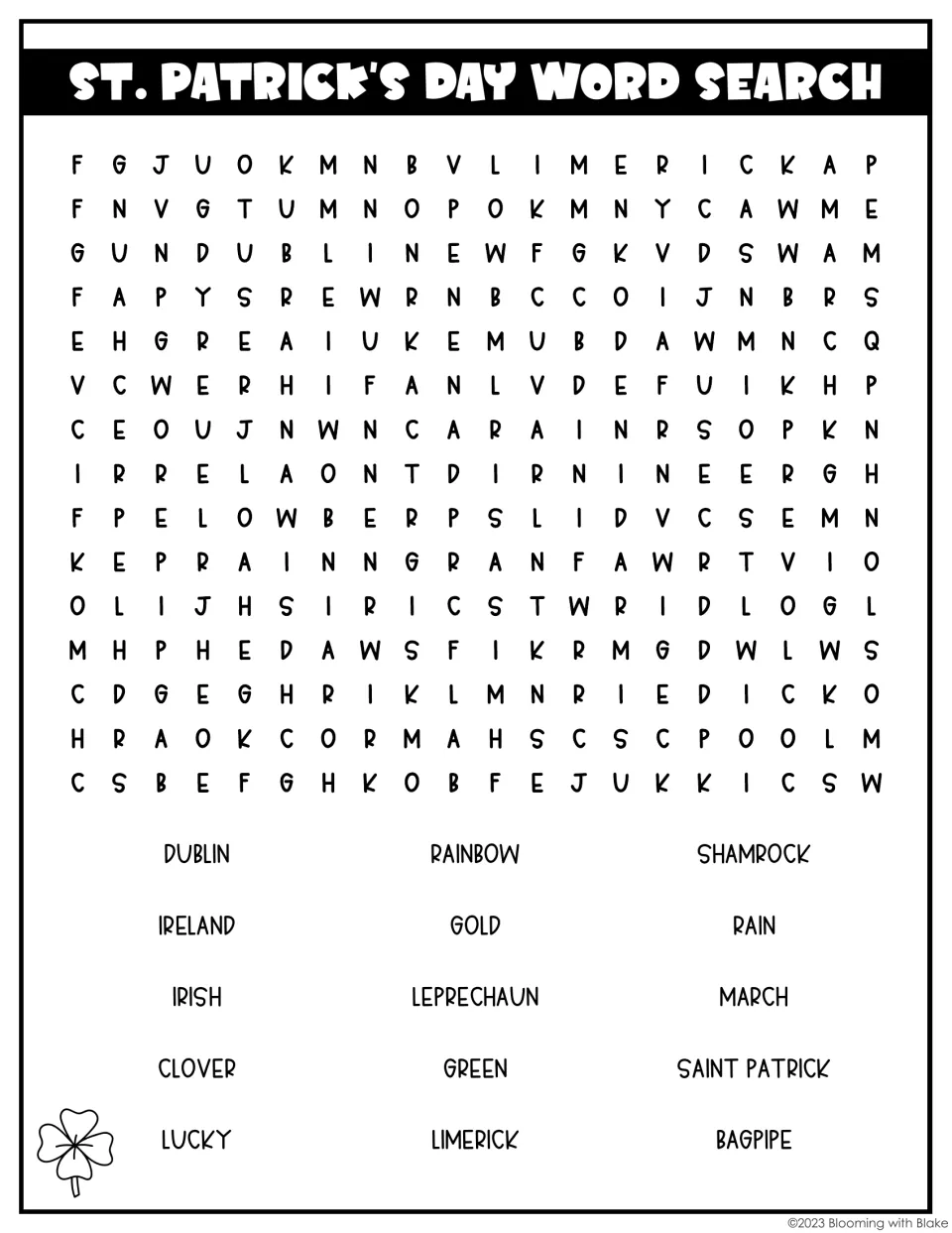 Holiday word search: students find 15 words such as Dublin, Irish, limerick, bagpipe and March in a letter puzzle