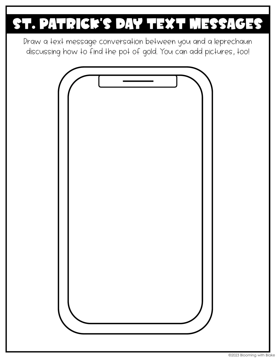 Text message writing: students draw a phone chat with a leprechaun about how to find the pot of gold, adding pictures