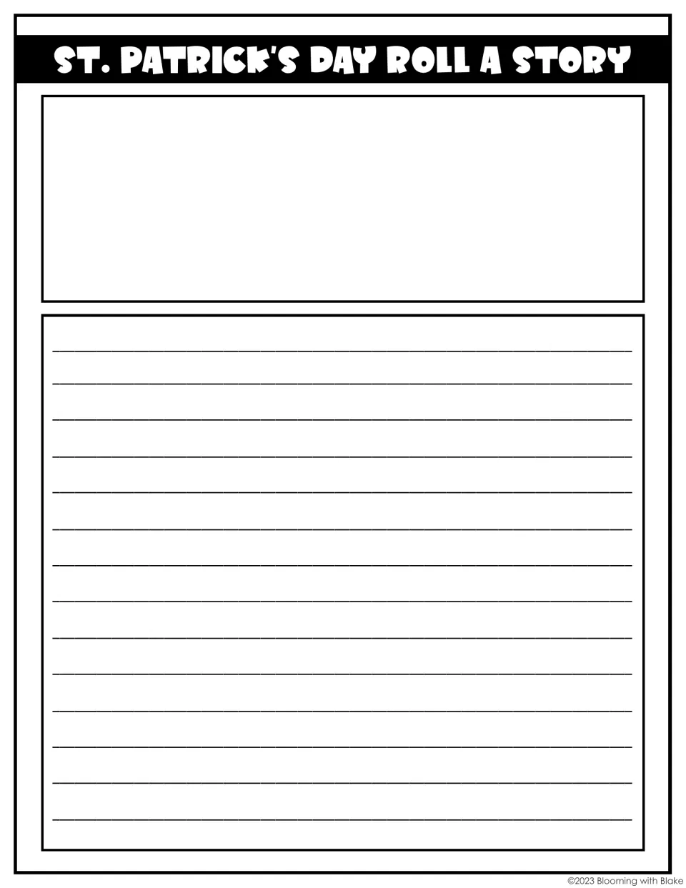Roll a Story writing page: students draw a scene from their rolled holiday story, then write the full story below it