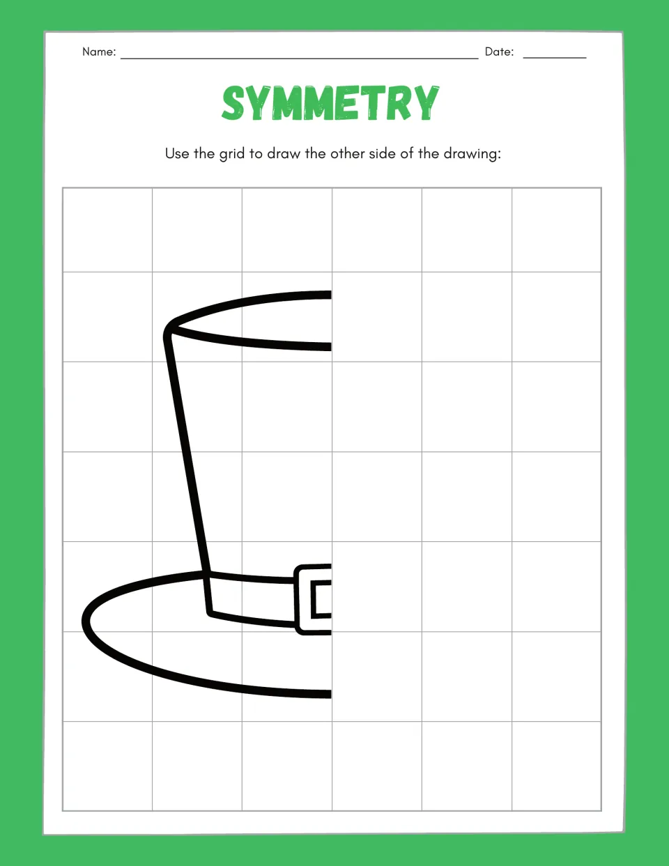 Symmetry drawing worksheet 1: complete the missing right half of a tall hat with a band and square buckle