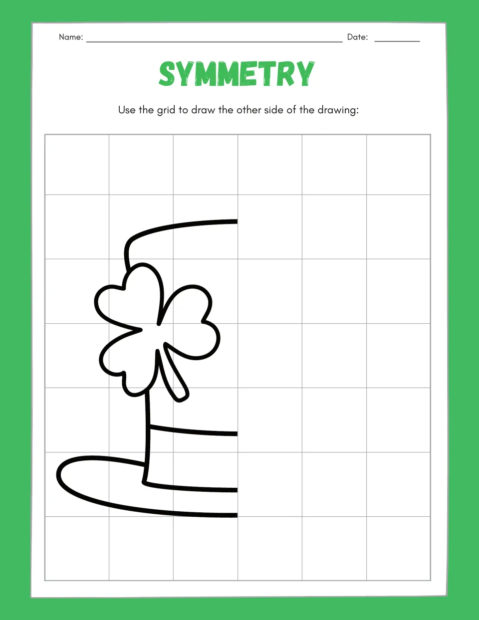 Symmetry drawing worksheet 2: complete the missing right half of a tall hat decorated with a shamrock