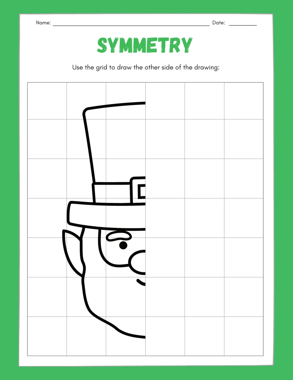 Symmetry drawing worksheet 3: complete the missing right half of a leprechaun face wearing a buckled hat