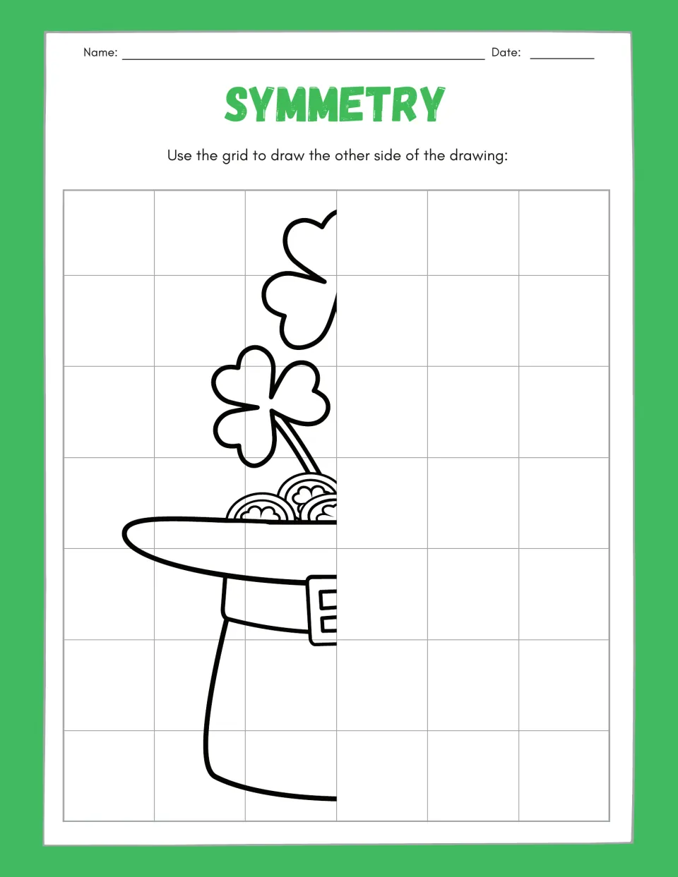 Symmetry drawing worksheet 4: complete the missing right half of a hat filled with coins and shamrocks