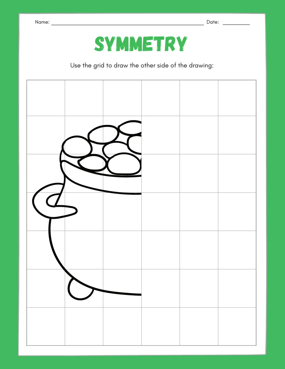 Symmetry drawing worksheet 5: complete the missing right half of a pot filled with coins, including its handle