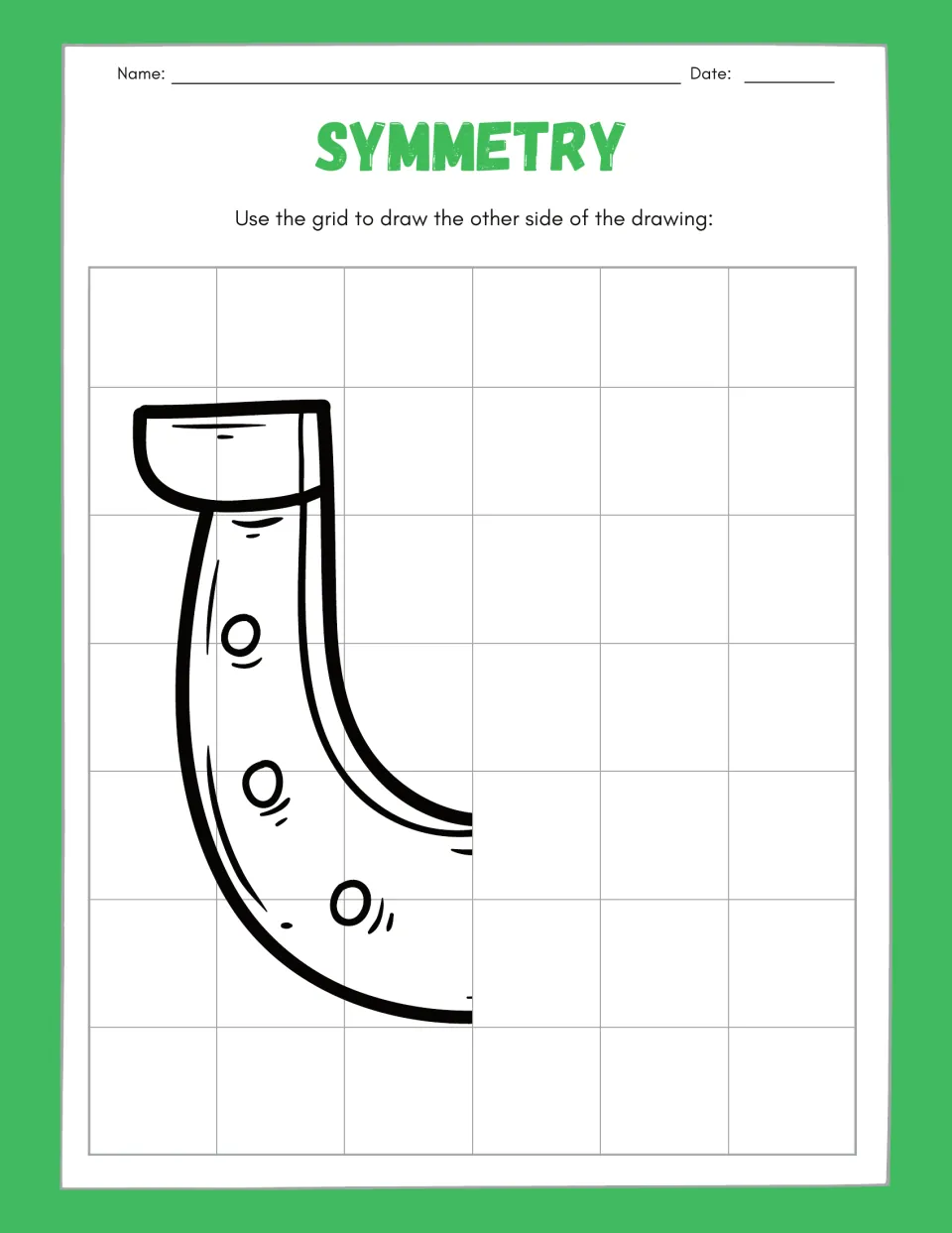 Symmetry drawing worksheet 6: complete the missing right half of a horseshoe with nail holes and detail marks