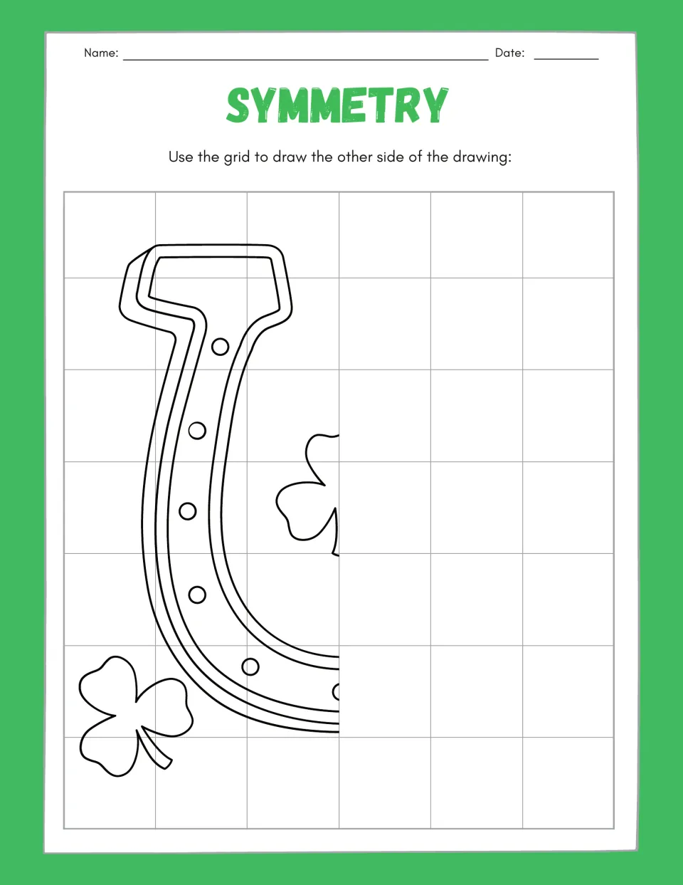 Symmetry drawing worksheet 7: complete the missing right half of a horseshoe design decorated with shamrocks
