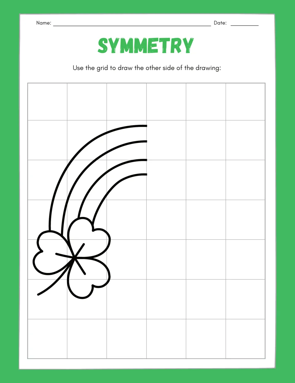 Symmetry drawing worksheet 8: complete the missing right half of a rainbow design with a shamrock at its end