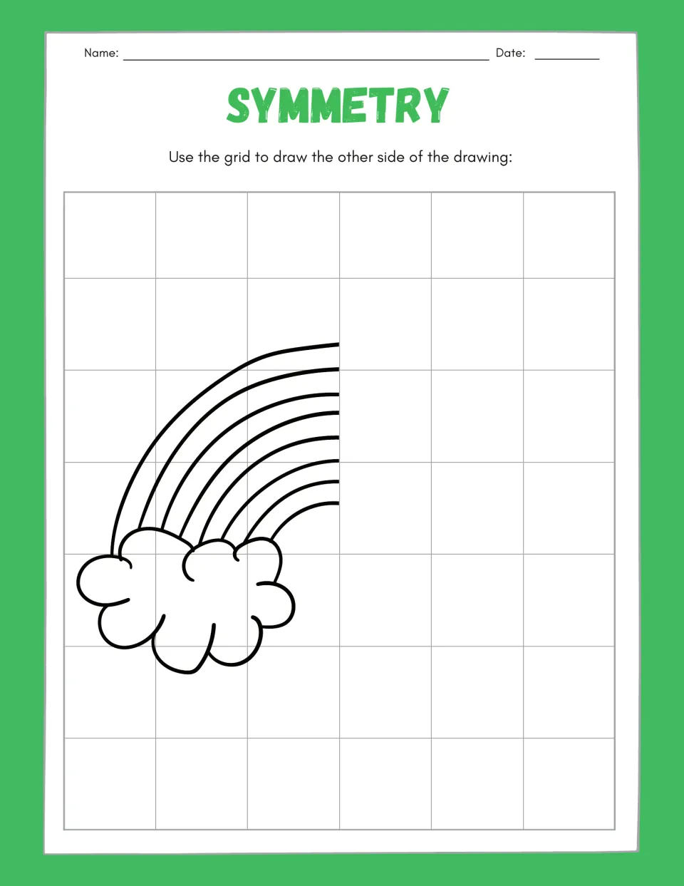 Symmetry drawing worksheet 9: complete the missing right half of a rainbow with a rounded cloud at its end