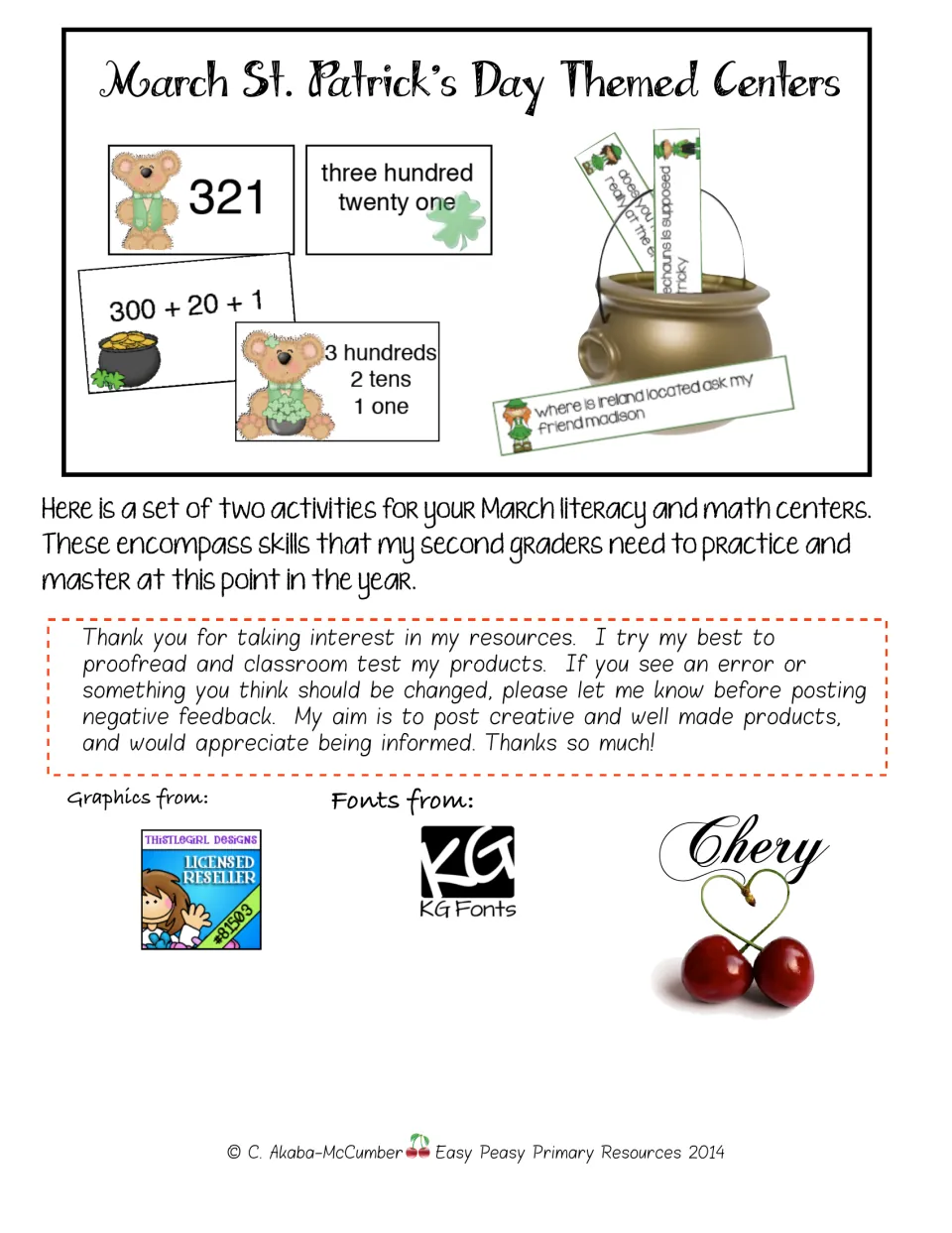 Cover introducing the March literacy and math centers, with sentence-editing and number-matching samples