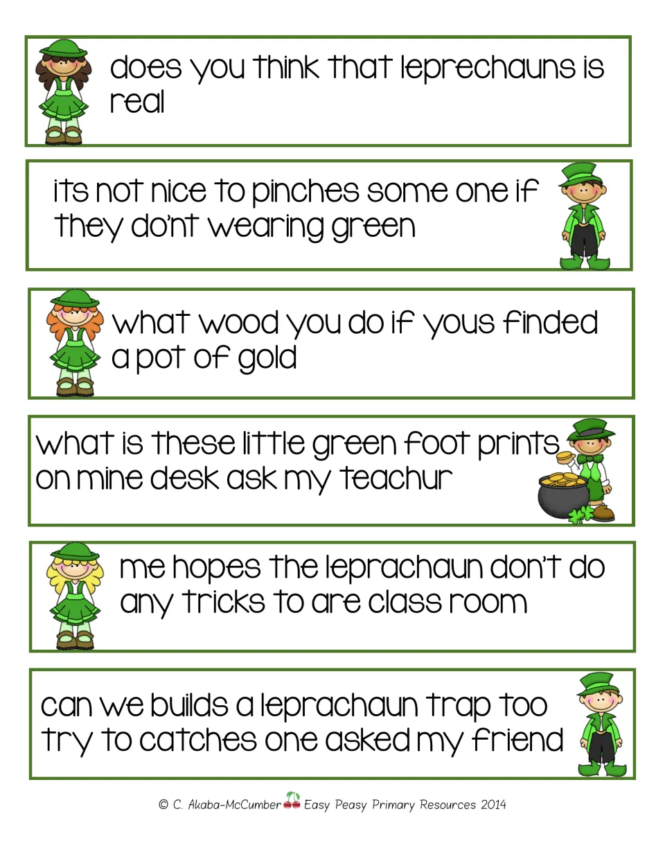 Sentence-editing strips 1–6 cover leprechauns, wearing green, gold, footprints, classroom tricks, and traps