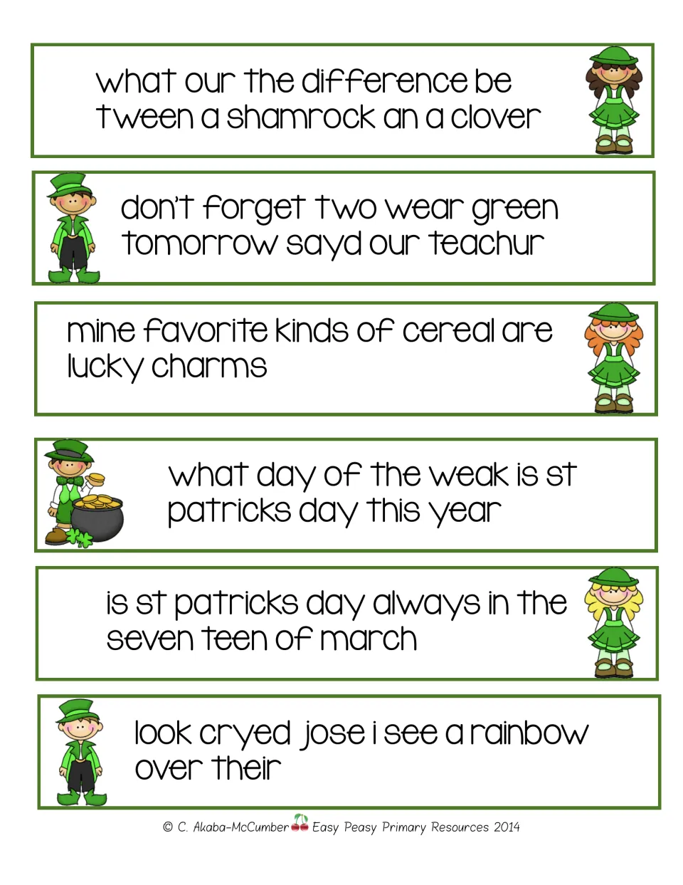 Sentence-editing strips 7–12 cover shamrocks, wearing green, Lucky Charms, holiday dates, and a rainbow
