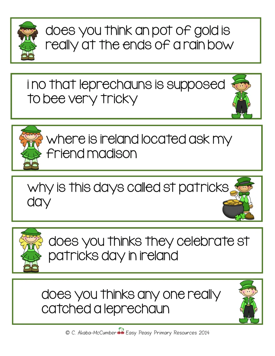 Sentence-editing strips 13–18 cover rainbow gold, tricky leprechauns, Ireland, and St. Patrick's Day