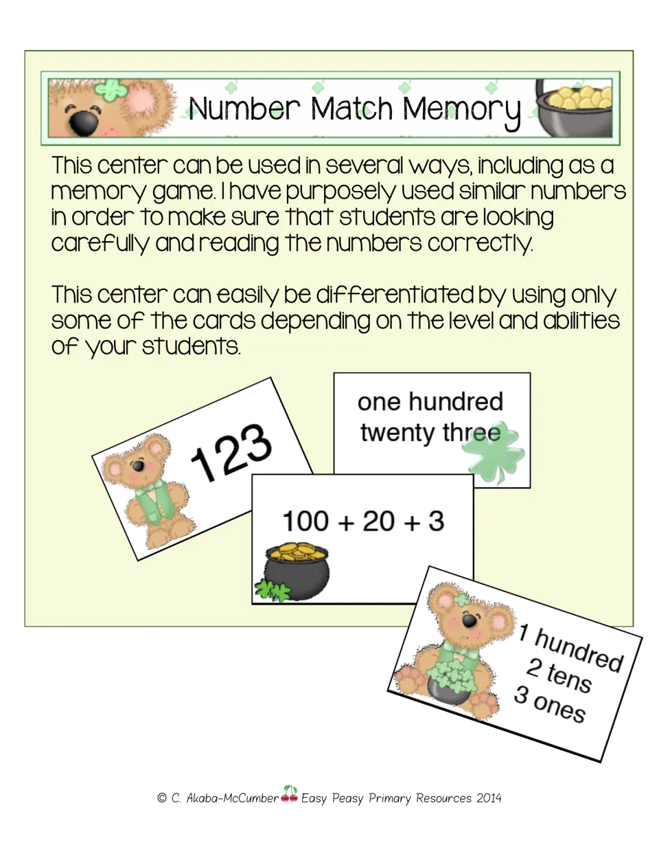 Number Match Memory directions show 123 in four forms and explain adjusting play by using fewer cards