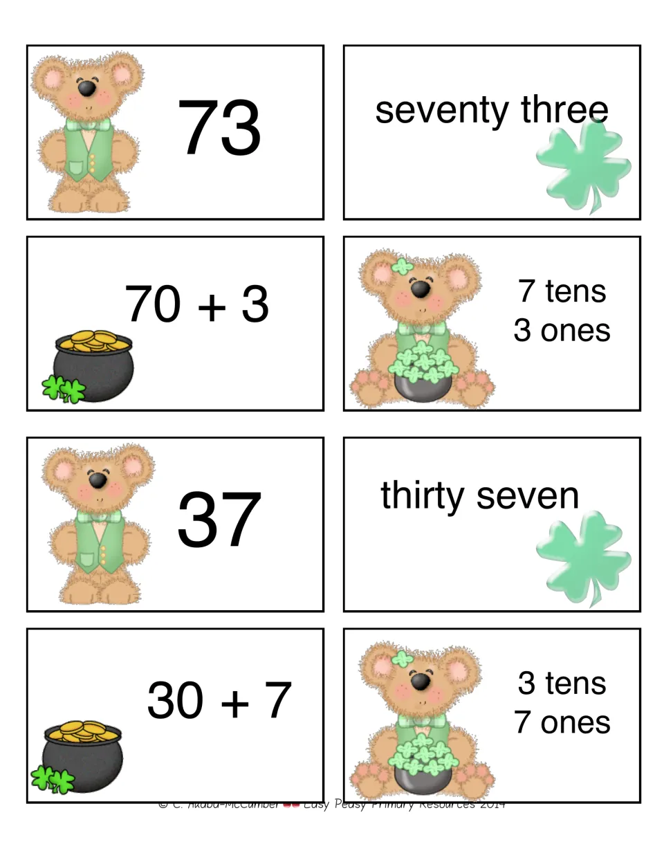 Eight number-matching cards show 73 and 37 as numerals, number words, expanded form, and tens and ones