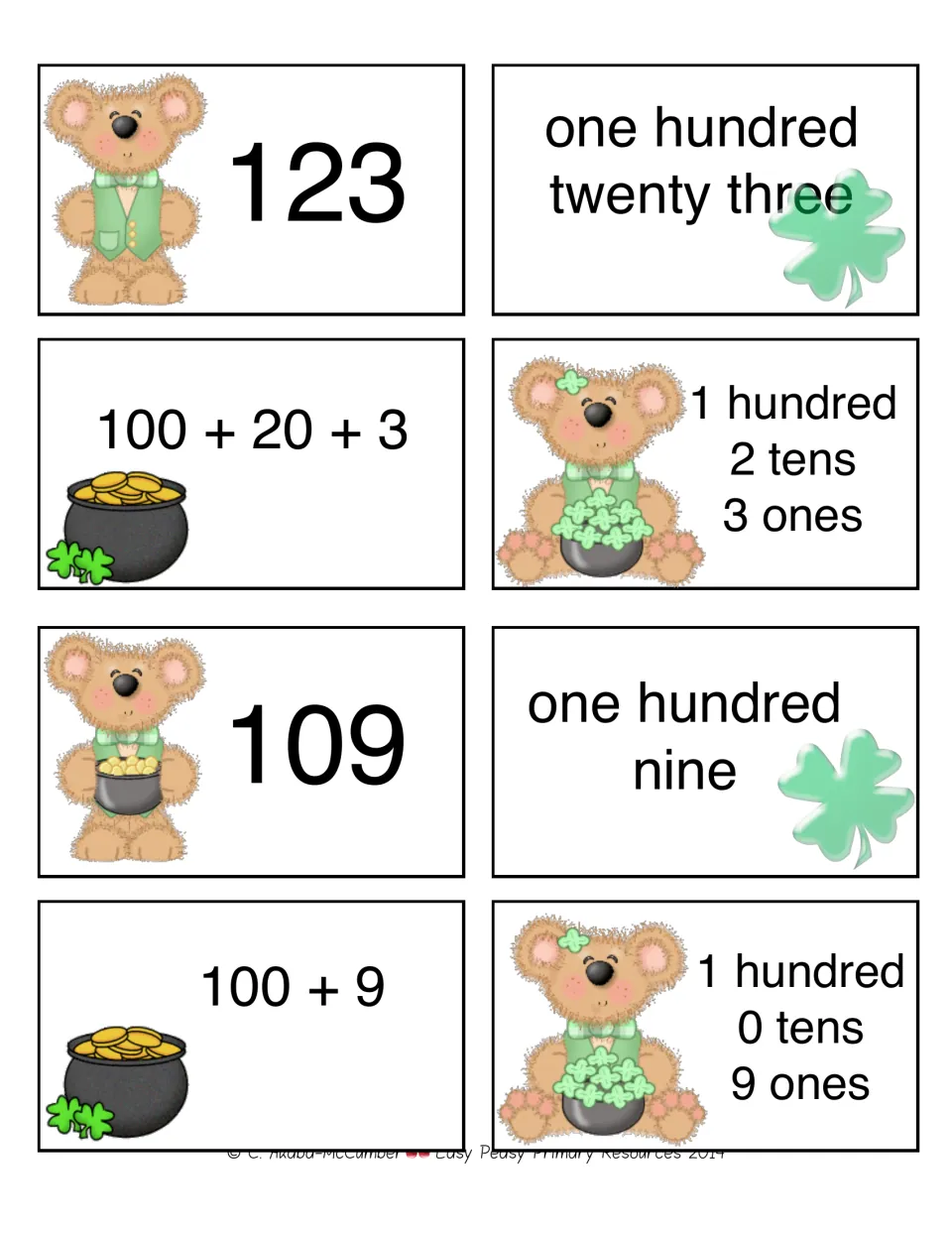 Eight number-matching cards show 123 and 109 as numerals, number words, expanded form, and place values