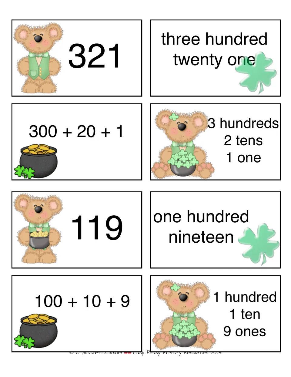 Eight number-matching cards show 321 and 119 as numerals, number words, expanded form, and place values