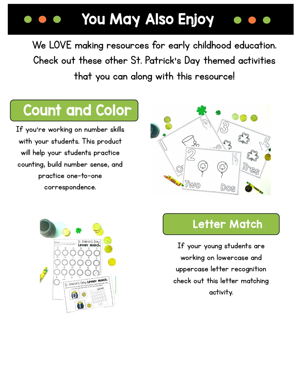 Promotional page headed 'You May Also Enjoy,' featuring separate counting and letter-matching resources