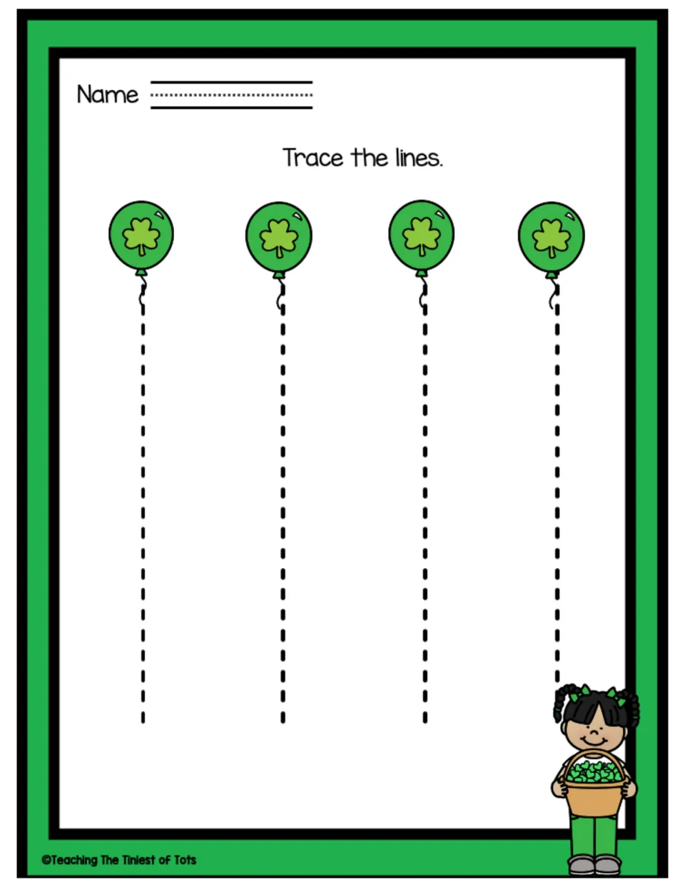 Tracing practice sheet featuring four straight dashed paths beneath balloons and 'Trace the lines'