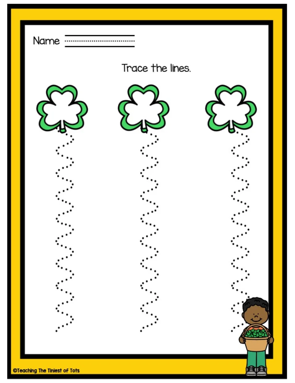 Tracing practice sheet featuring three wavy dotted paths beneath shamrocks and 'Trace the lines'
