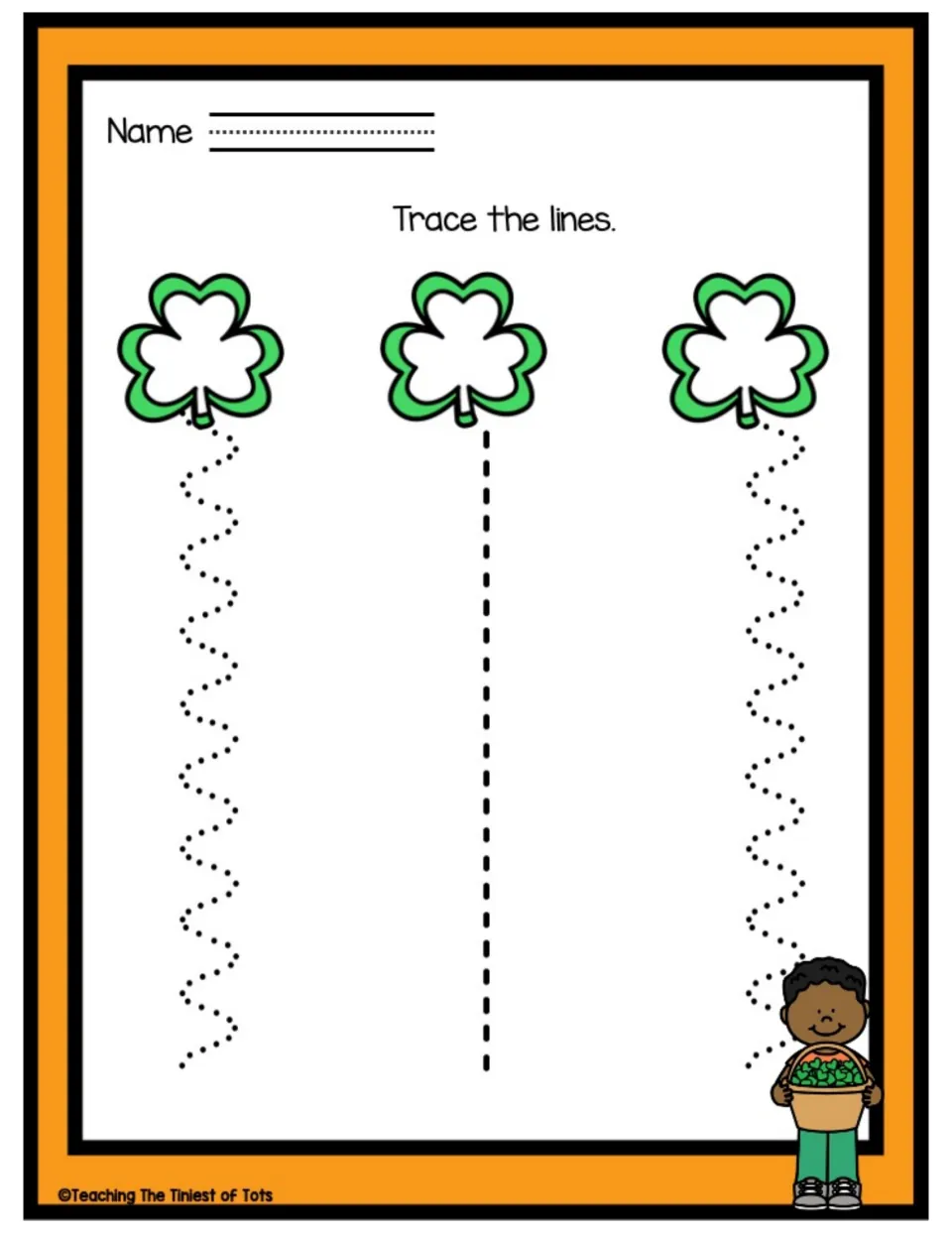Tracing practice sheet featuring two wavy paths and one straight path beneath three shamrocks