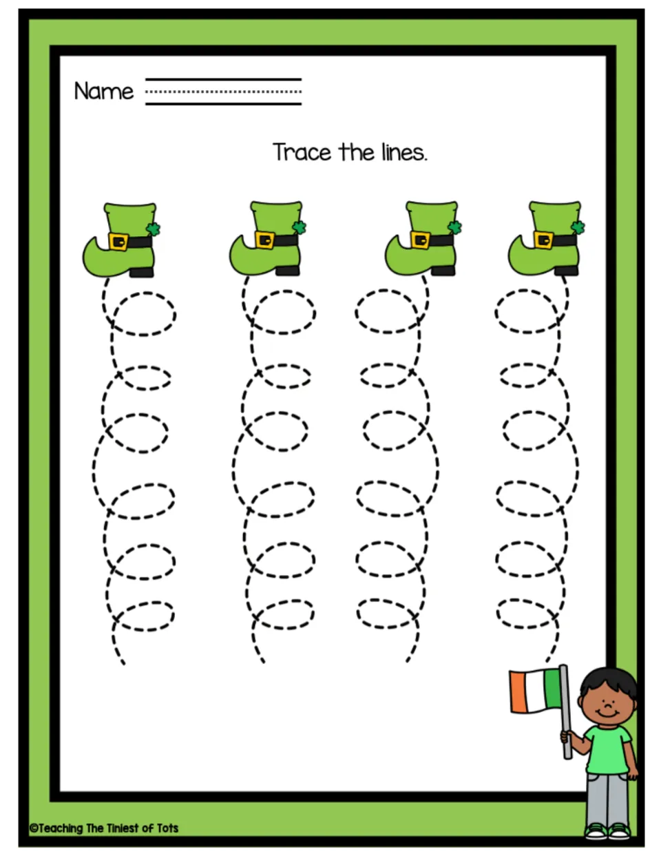 Tracing practice sheet featuring four looping dashed paths beneath boots and 'Trace the lines'