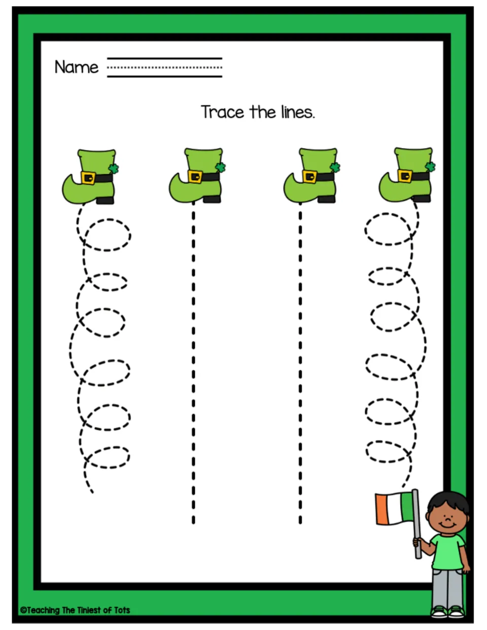 Tracing practice sheet featuring two looping paths and two straight dashed paths beneath four boots