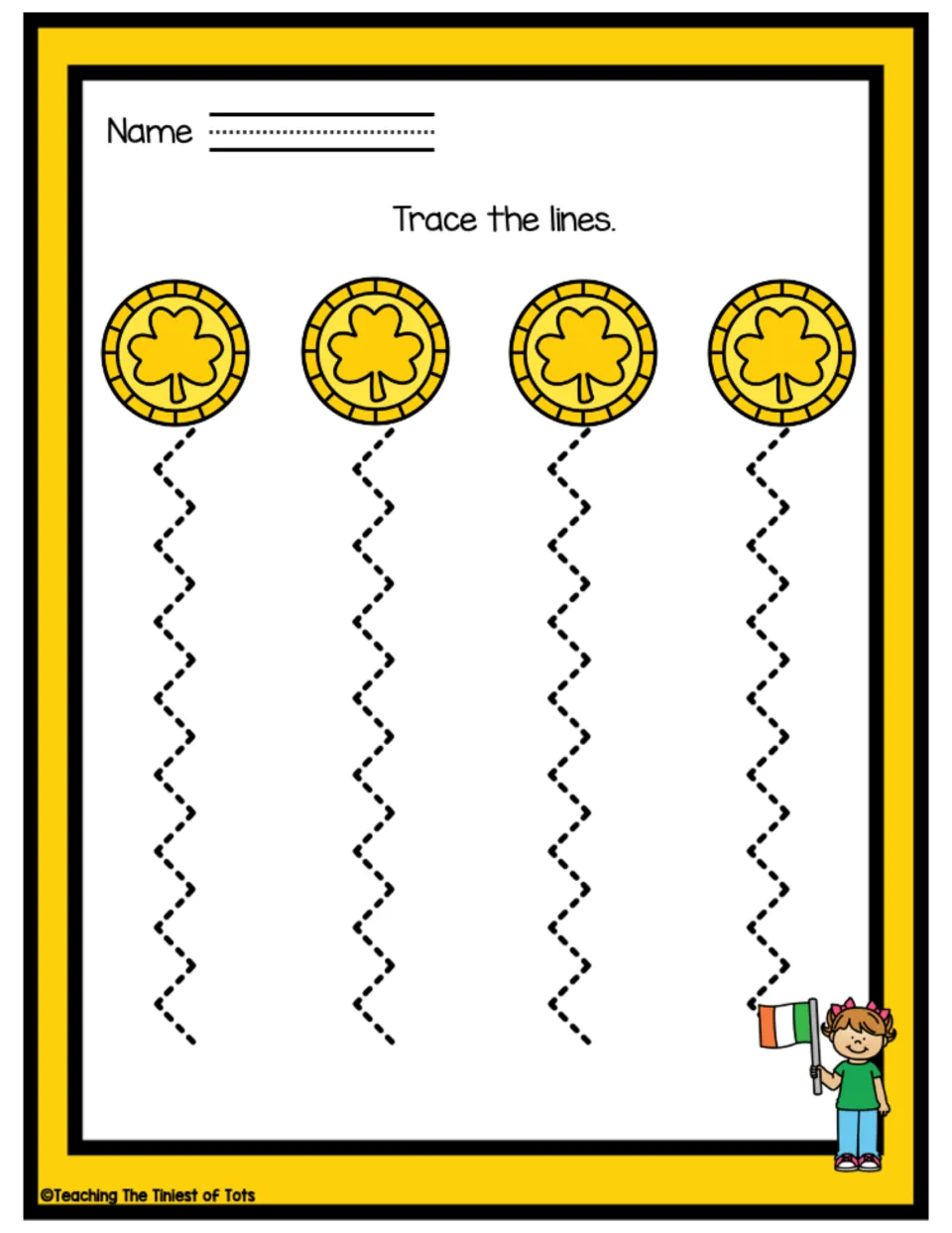 Tracing practice sheet featuring four zigzag dashed paths beneath coins and 'Trace the lines'